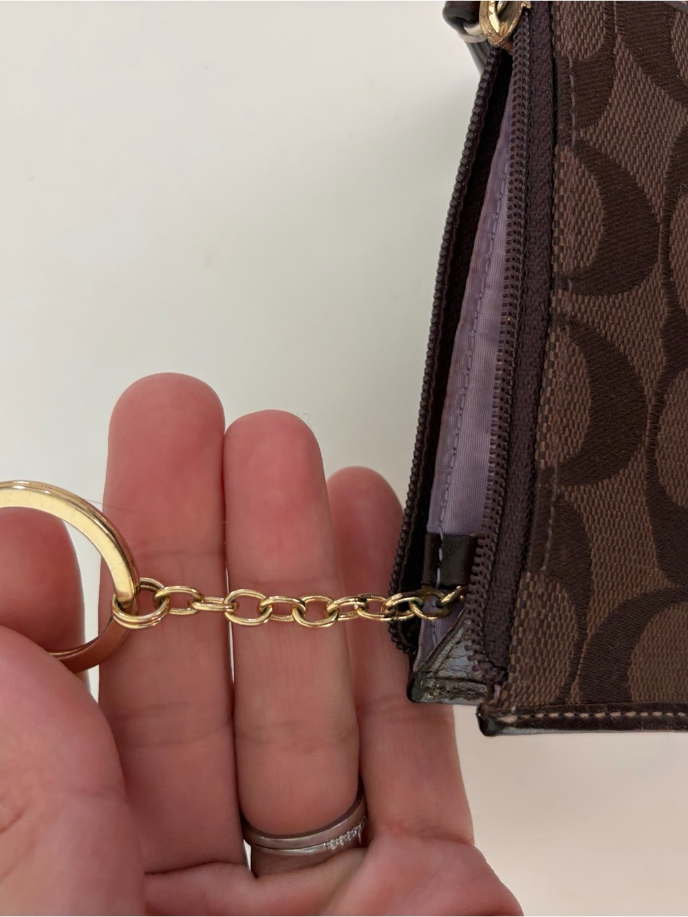 Coach Signature Jacquard Brown Leather Zip Keychain Coin Purse Card Case - Picture 5 of 8